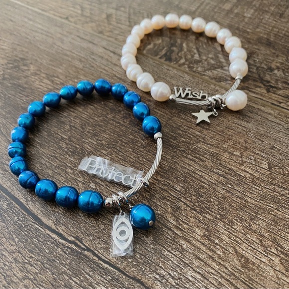 Wish Protect Beaded Inspirational Word Charm Bracelet Set Jewelry White Blue - Picture 4 of 4